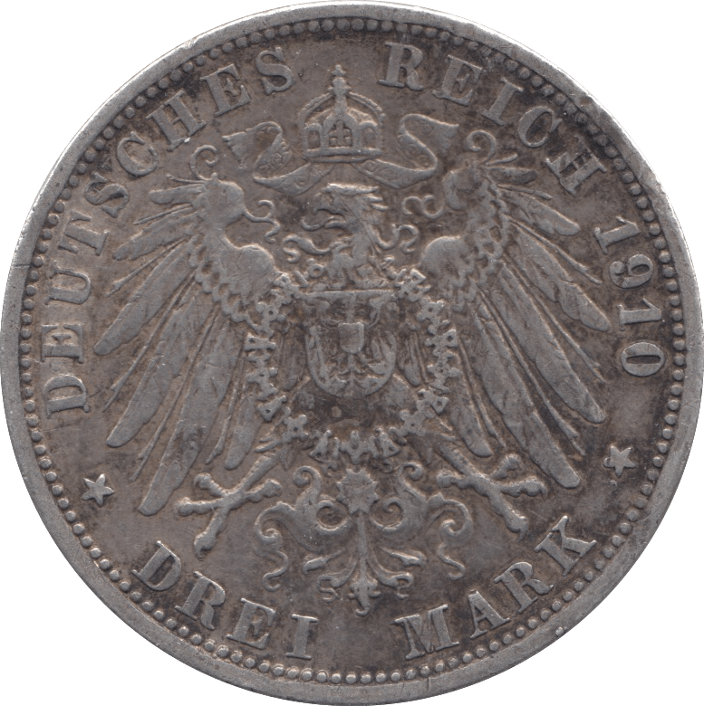 1910 SILVER 3 MARKS GERMANY - WORLD SILVER COINS - Cambridgeshire Coins