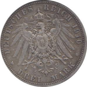 1910 SILVER 3 MARKS GERMANY - WORLD SILVER COINS - Cambridgeshire Coins
