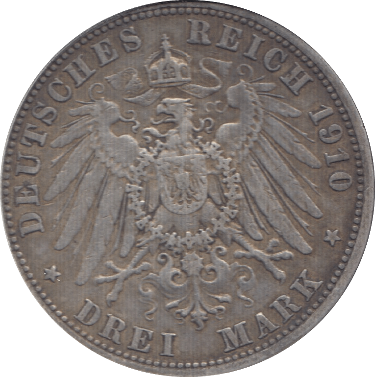 1910 SILVER 3 MARKS GERMANY - WORLD SILVER COINS - Cambridgeshire Coins