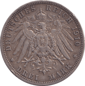 1910 SILVER THREE MARKS GERMANY - SILVER WORLD COINS - Cambridgeshire Coins