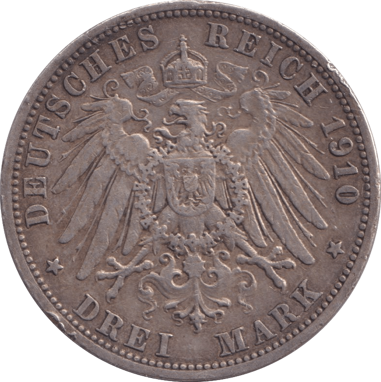 1910 SILVER THREE MARKS GERMANY - SILVER WORLD COINS - Cambridgeshire Coins