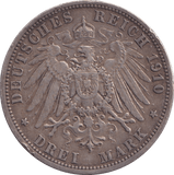 1910 SILVER THREE MARKS GERMANY - SILVER WORLD COINS - Cambridgeshire Coins