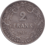 1911 2 FRANK BELGIUM - WORLD COINS - Cambridgeshire Coins