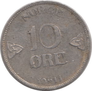 1911 NORWAY SILVER 10 ORE - SILVER WORLD COINS - Cambridgeshire Coins