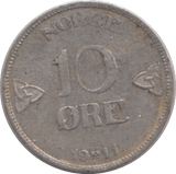 1911 NORWAY SILVER 10 ORE - SILVER WORLD COINS - Cambridgeshire Coins