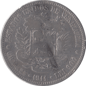 1911 SILVER VENEZUELA 5 BOLIVARES - SILVER WORLD COINS - Cambridgeshire Coins
