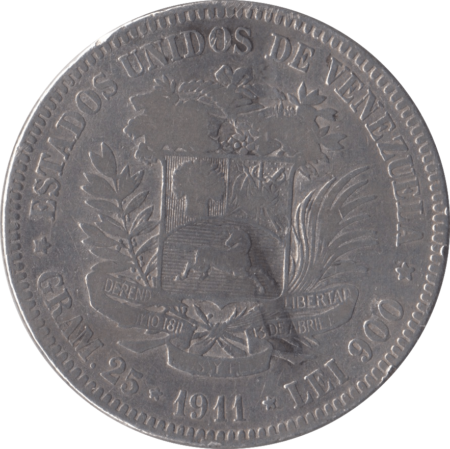 1911 SILVER VENEZUELA 5 BOLIVARES - SILVER WORLD COINS - Cambridgeshire Coins