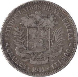 1911 SILVER VENEZUELA 5 BOLIVARES - SILVER WORLD COINS - Cambridgeshire Coins