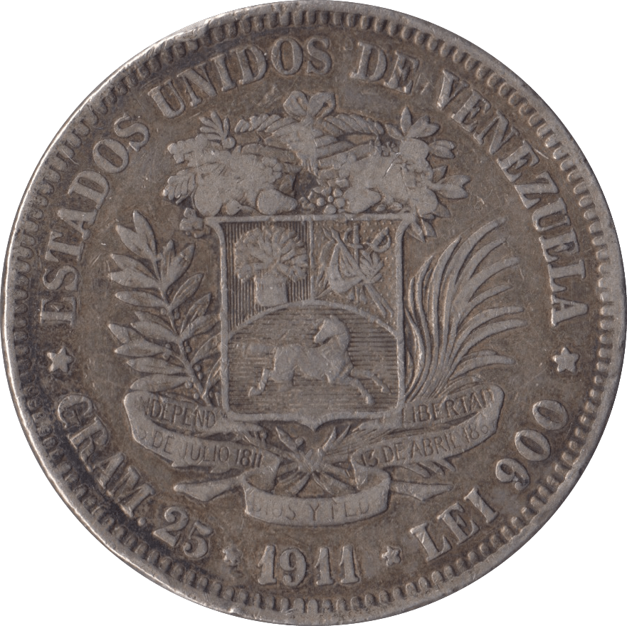 1911 SILVER VENEZUELA 5 BOLIVARES - SILVER WORLD COINS - Cambridgeshire Coins