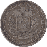 1911 SILVER VENEZUELA 5 BOLIVARES - SILVER WORLD COINS - Cambridgeshire Coins