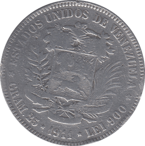 1911 SILVER VENEZUELA 5 BOLIVARES - SILVER WORLD COINS - Cambridgeshire Coins