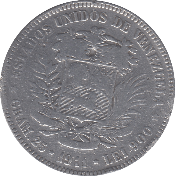 1911 SILVER VENEZUELA 5 BOLIVARES - SILVER WORLD COINS - Cambridgeshire Coins