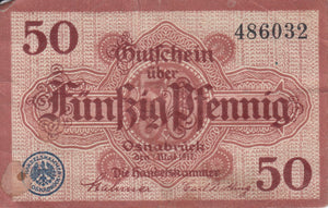 1912 50 OSHABRUCK GERMAN BANKNOTE REF 189 - World Banknotes - Cambridgeshire Coins