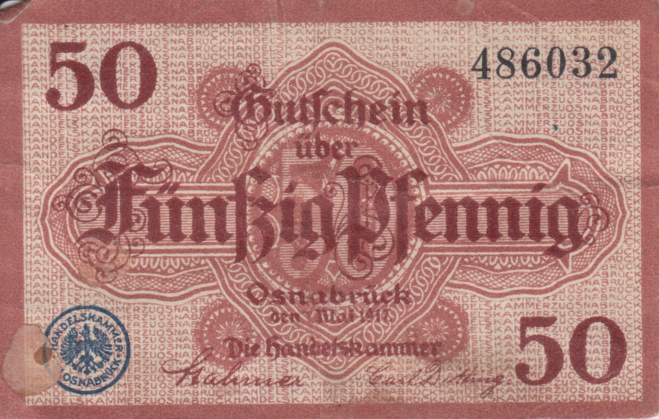 1912 50 OSHABRUCK GERMAN BANKNOTE REF 189 - World Banknotes - Cambridgeshire Coins
