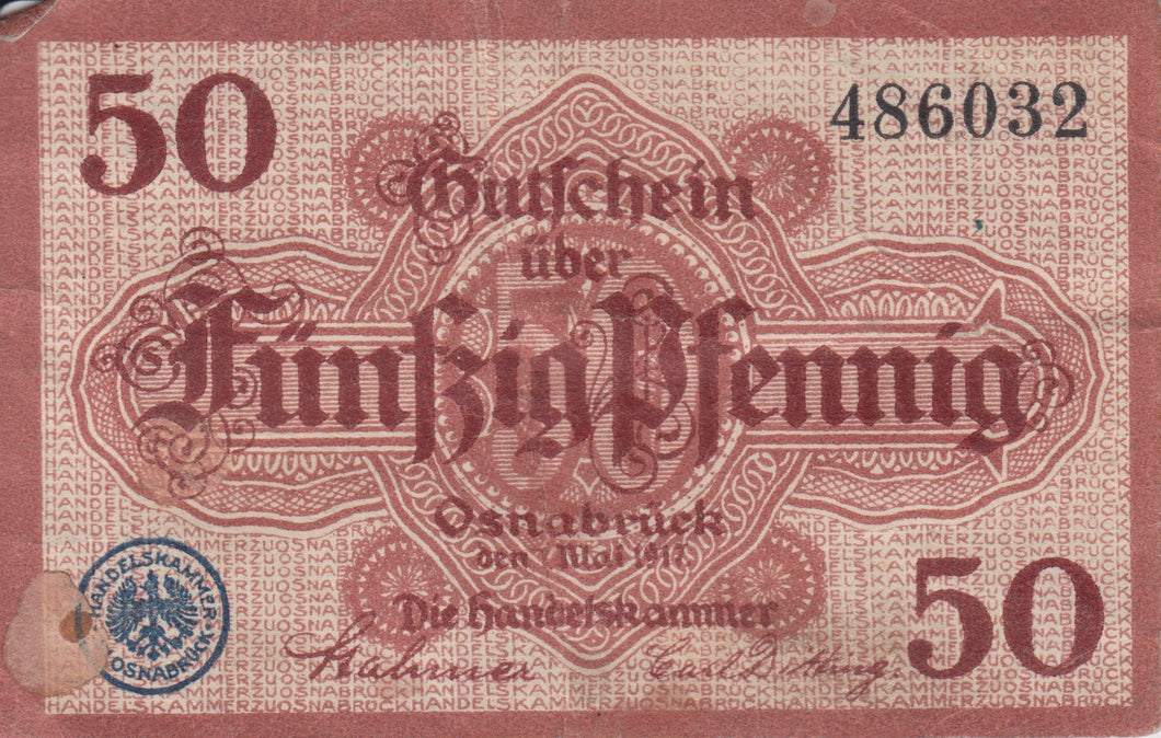 1912 50 OSHABRUCK GERMAN BANKNOTE REF 189 - World Banknotes - Cambridgeshire Coins