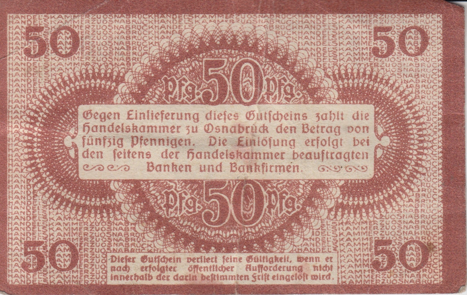 1912 50 OSHABRUCK GERMAN BANKNOTE REF 189 - World Banknotes - Cambridgeshire Coins