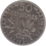 1912 FRANCE SILVER 50 CENTIMES - SILVER WORLD COINS - Cambridgeshire Coins