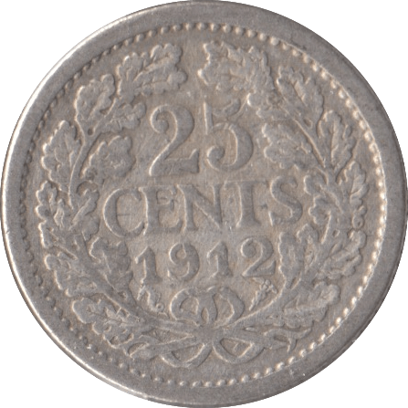 1912 SILVER 25 CENTS NETHERLANDS - SILVER WORLD COINS - Cambridgeshire Coins