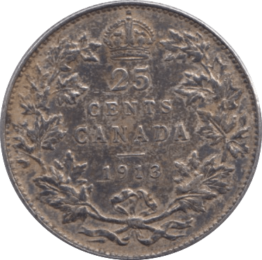 1913 CANADA SILVER 25 CENTS - SILVER WORLD COINS - Cambridgeshire Coins