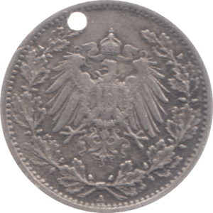 1913 GERMANY 1/2 MARK HOLED - SILVER WORLD COINS - Cambridgeshire Coins