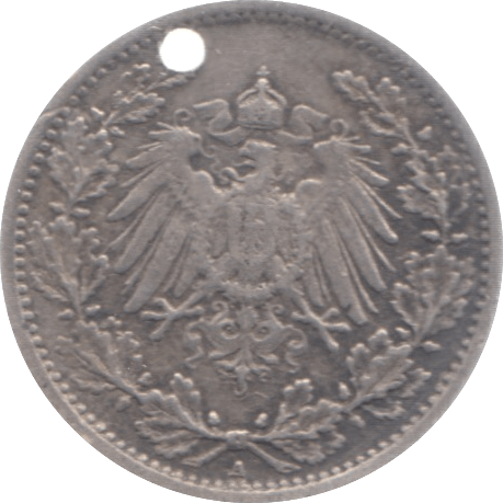 1913 GERMANY 1/2 MARK HOLED - SILVER WORLD COINS - Cambridgeshire Coins