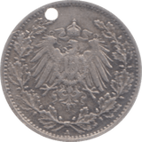 1913 GERMANY 1/2 MARK HOLED - SILVER WORLD COINS - Cambridgeshire Coins