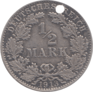 1913 GERMANY 1/2 MARK HOLED - SILVER WORLD COINS - Cambridgeshire Coins