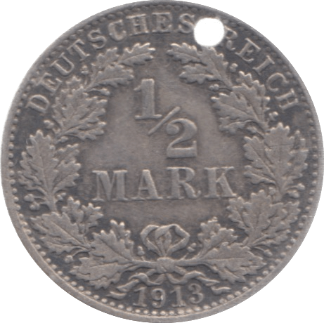 1913 GERMANY 1/2 MARK HOLED - SILVER WORLD COINS - Cambridgeshire Coins