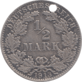 1913 GERMANY 1/2 MARK HOLED - SILVER WORLD COINS - Cambridgeshire Coins
