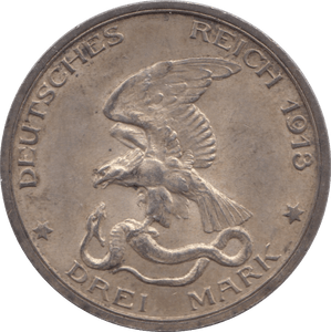 1913 GERMANY SILVER 3 MARK COMMEMORATIVE - SILVER WORLD COINS - Cambridgeshire Coins