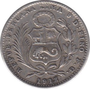 1913 SILVER 1/5 SOL PERU - SILVER WORLD COINS - Cambridgeshire Coins