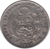 1913 SILVER 1/5 SOL PERU - SILVER WORLD COINS - Cambridgeshire Coins