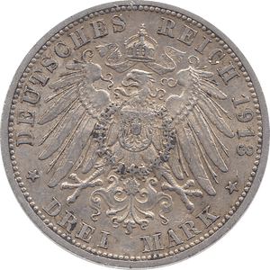 1913 SILVER 3 MARK GERMANY - SILVER WORLD COINS - Cambridgeshire Coins