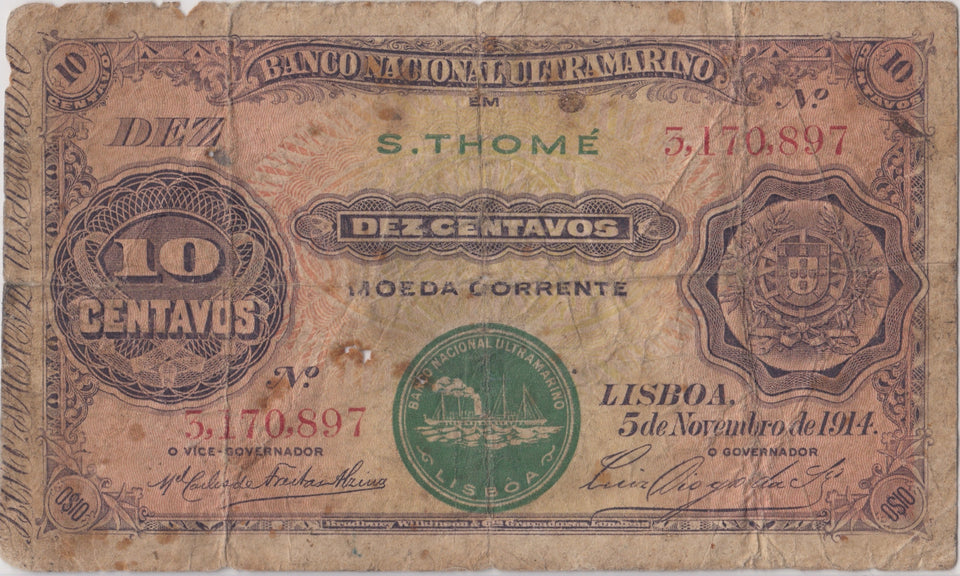 1914 10 CENTAVOS PORTUGAL MOZAMBIQUE BANKNOTE REF 1584 - World Banknotes - Cambridgeshire Coins