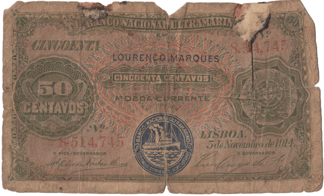 1914 50 CENTAVOS PORTUGAL MOZAMBIQUE BANKNOTE REF 1583 - World Banknotes - Cambridgeshire Coins