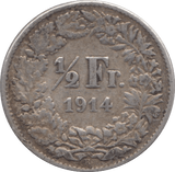 1914 SILVER 1/2 FRANC SWITZERLAND - SILVER WORLD COINS - Cambridgeshire Coins
