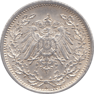 1915 SILVER 1/2 MARK MINT MARK A GERMANY REF H92 - WORLD SILVER COINS - Cambridgeshire Coins