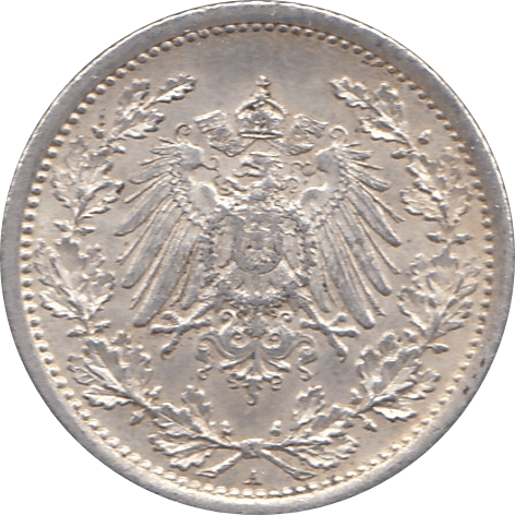 1915 SILVER 1/2 MARK MINT MARK A GERMANY REF H92 - WORLD SILVER COINS - Cambridgeshire Coins