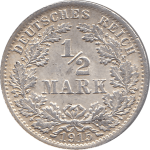 1915 SILVER 1/2 MARK MINT MARK A GERMANY REF H92 - WORLD SILVER COINS - Cambridgeshire Coins