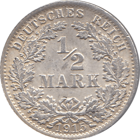 1915 SILVER 1/2 MARK MINT MARK A GERMANY REF H92 - WORLD SILVER COINS - Cambridgeshire Coins