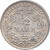 1915 SILVER 1/2 MARK MINT MARK A GERMANY REF H92 - WORLD SILVER COINS - Cambridgeshire Coins