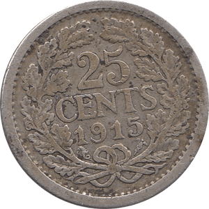 1915 SILVER 25 CENTS NETHERLANDS H108 - SILVER WORLD COINS - Cambridgeshire Coins