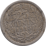 1915 SILVER 25 CENTS NETHERLANDS H108 - SILVER WORLD COINS - Cambridgeshire Coins