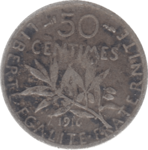 1916 FRANCE SILVER 50 CENTIMES - SILVER WORLD COINS - Cambridgeshire Coins