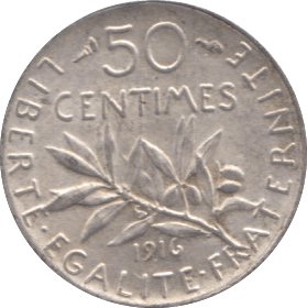 1916 SILVER 50 CENTIMES FRANCE - SILVER WORLD COINS - Cambridgeshire Coins