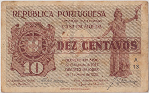 1917 10 CENTAVOS PORTUGAL BANKNOTE REF 1587 - World Banknotes - Cambridgeshire Coins
