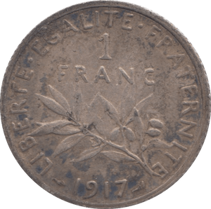 1917 SILVER 1 FRANC FRANCE - SILVER WORLD COINS - Cambridgeshire Coins