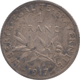 1917 SILVER 1 FRANC FRANCE - SILVER WORLD COINS - Cambridgeshire Coins