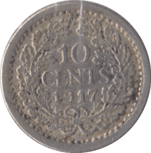 1917 SILVER 10 CENTS NETHERLANDS - SILVER WORLD COINS - Cambridgeshire Coins