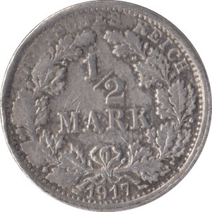 1917 SILVER 1/2 MARK GERMANY - SILVER WORLD COINS - Cambridgeshire Coins